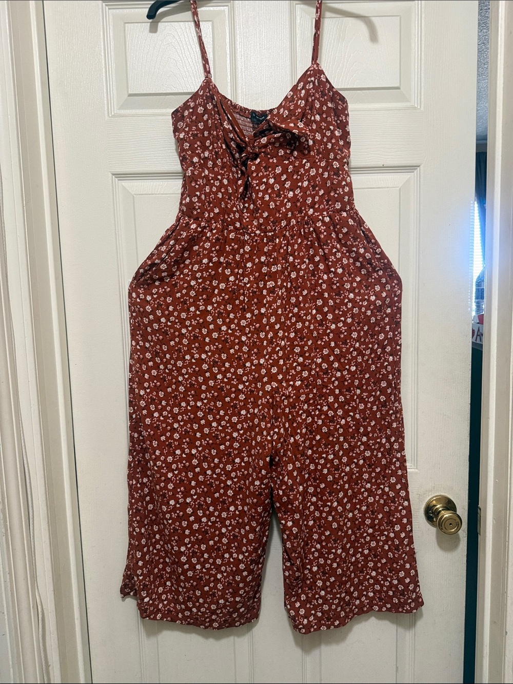 As U Wish Rust Floral Tie-Front Spaghetti-Strap Jumpsuit